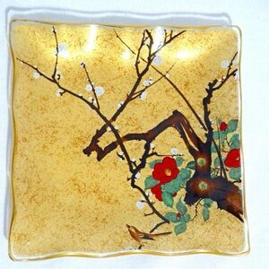 Elegant Vintage Gold Square Trinket Dish Red Floral Bird